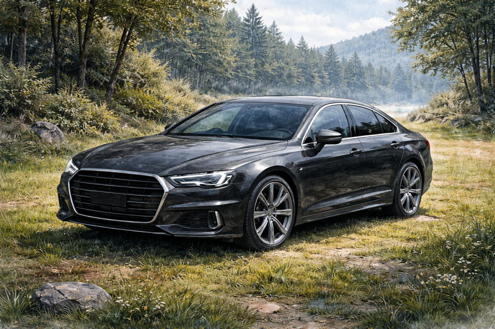 「アウディに乗る人の年収」を解説する記事用イメージ画像。森に囲まれた野原と高級車風イラスト。