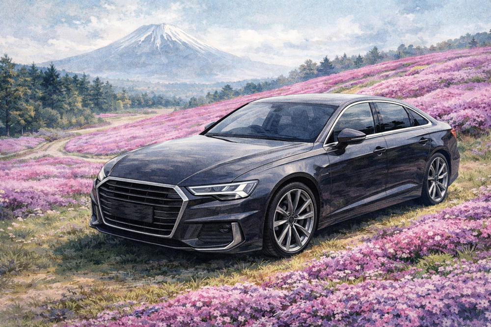 「アウディに乗る人の年収」を解説する記事用イメージ画像。芝桜の丘陵と高級車風イラスト。