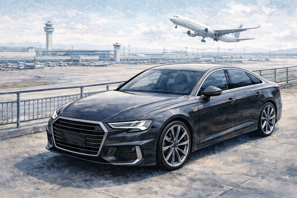 「アウディに乗る人の年収」を解説する記事用イメージ画像。空港が見える景色と高級車風イラスト。