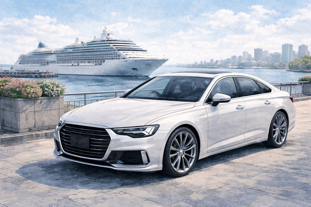 「アウディに乗る人の年収」を解説する記事用イメージ画像。大型客船が見える景色と高級車風イラスト。