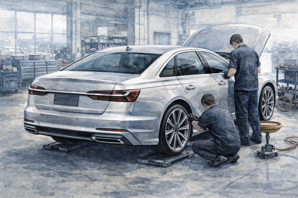 「アウディは壊れやすい」を解説する記事用イメージ画像。修理工場で修理する様子のイラスト。