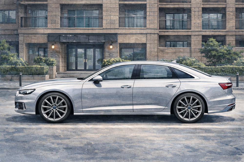 「アウディは壊れやすい」を解説する記事用イメージ画像。茶色のマンションの玄関前と高級車風イラスト。