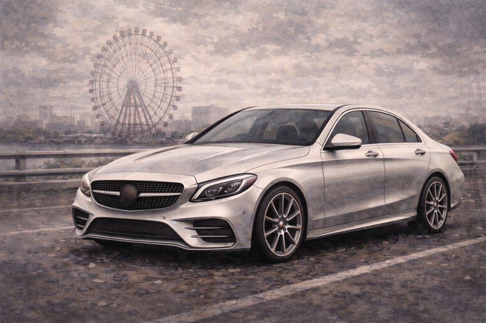 ベンツ中古車はなぜ安いを解説する記事用イメージ画像。観覧車の見える風景と高級車風イラスト。