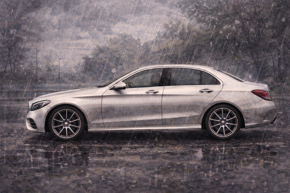 ベンツ中古車はなぜ安いを解説する記事用イメージ画像。雨に濡れる様子の高級車風イラスト。
