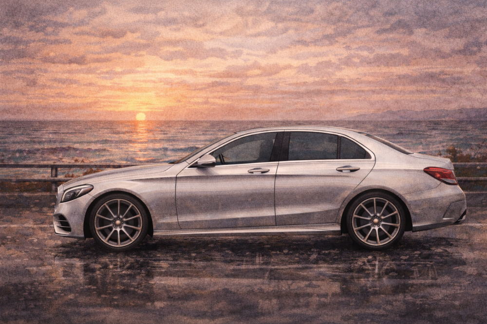 ベンツ中古車はなぜ安いを解説する記事用イメージ画像。夕暮れの海沿い道路と高級車風イラスト。