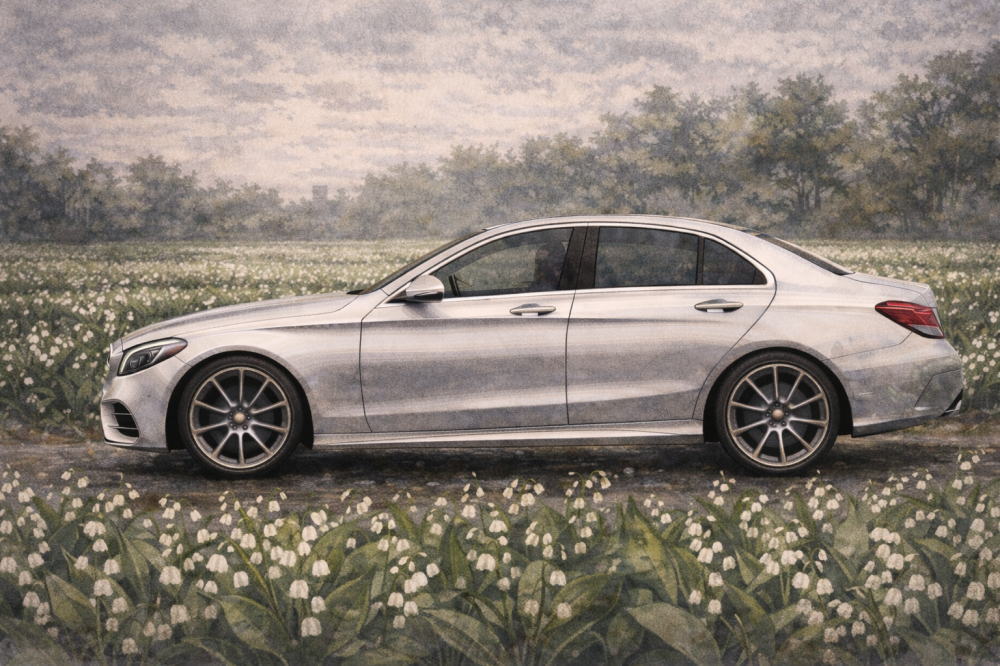 なぜ人はベンツを選ぶのかを解説する記事用イメージ画像。すずらんの畑と高級車風イラスト。