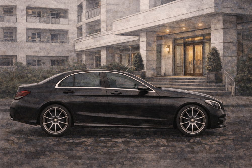 ベンツCクラスは本当に「貧乏で恥ずかしい車」なのかを解説する記事用イメージ画像。白いマンションの玄関前と高級車風イラスト。