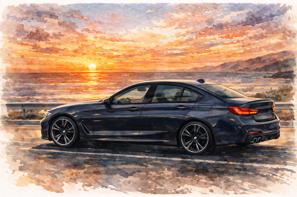 BMW3シリーズは本当に「貧乏」を解説する記事用イメージ画像。夕焼けの海沿いと高級車風イラスト。