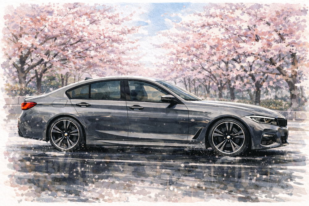 BMWに乗ってる人の年収を解説する記事用イメージ画像。桜並木と高級車風イラスト。