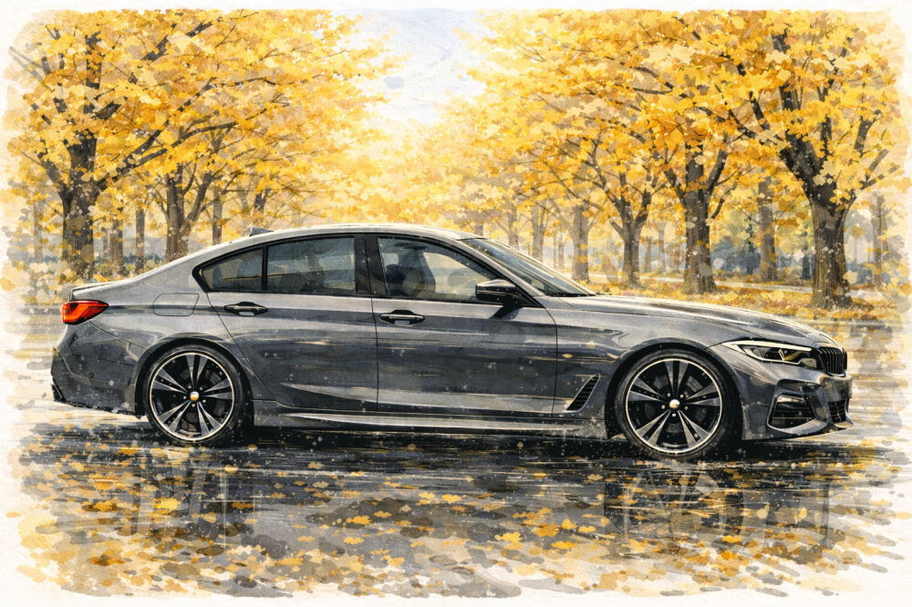 BMWに乗ってる人の年収を解説する記事用イメージ画像。銀杏並木と高級車風イラスト。
