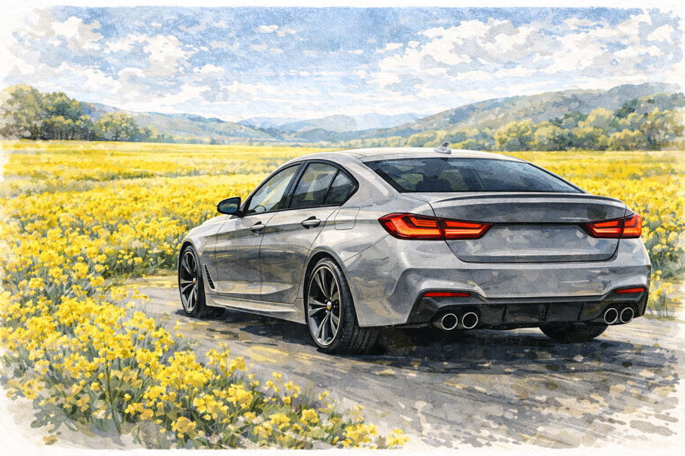 BMWに乗ってる人の年収を解説する記事用イメージ画像。菜の花畑と高級車風イラスト。