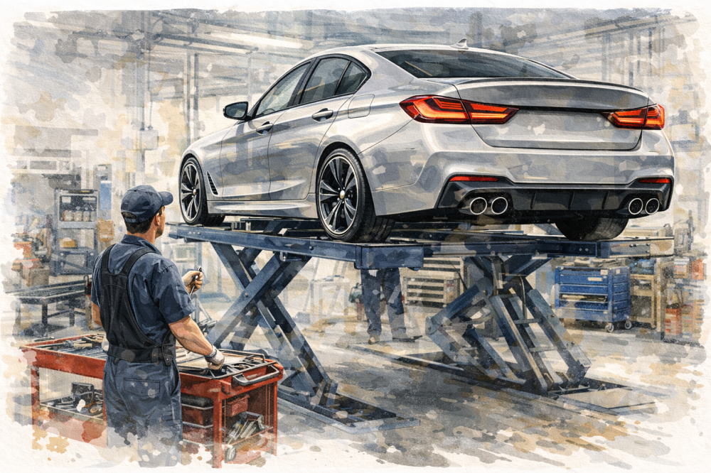 BMWに乗ってる人の年収を解説する記事用イメージ画像。整備している様子の高級車風イラスト