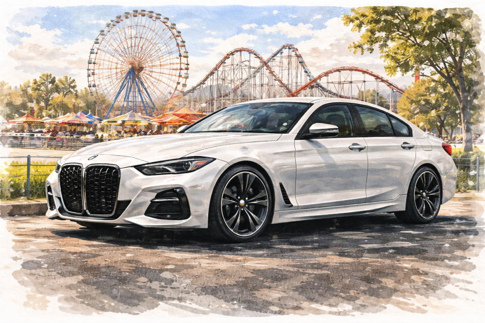 BMWの「豚鼻」グリルは本当にダサいを解説する記事用イメージ画像。遊園地の見える風景と高級車風イラスト。