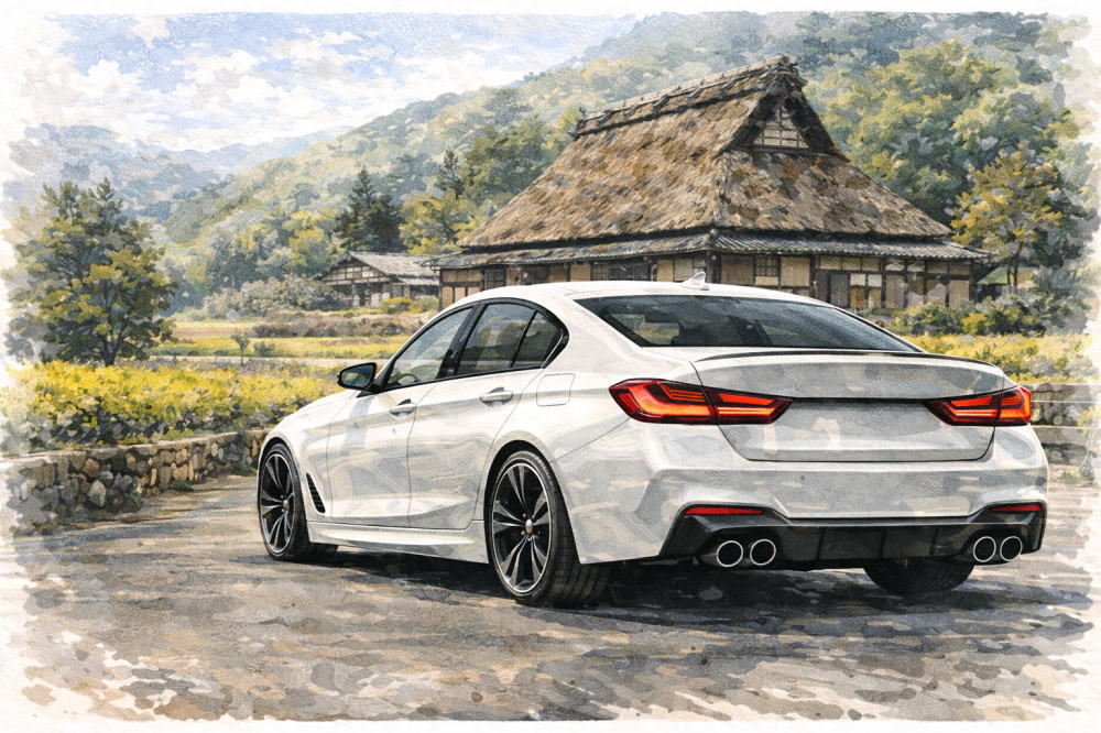 BMWの「豚鼻」グリルは本当にダサいを解説する記事用イメージ画像。古民家の見える風景と高級車風イラスト。