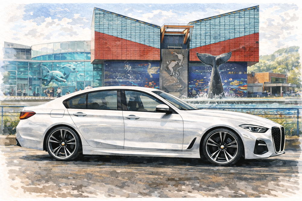 BMWの「豚鼻」グリルは本当にダサいを解説する記事用イメージ画像。水族館の見える風景と高級車風イラスト。