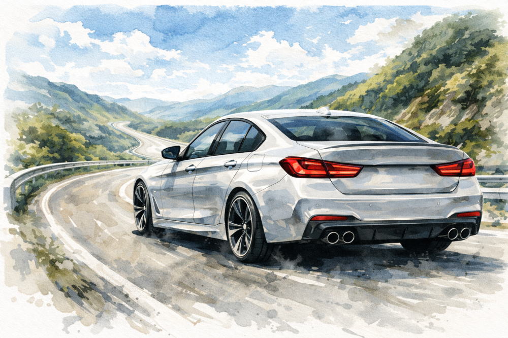 BMW整備士がBMWに乗らないワケを解説する記事用イメージ画像。晴天のワインディングロードと高級車風イラスト。