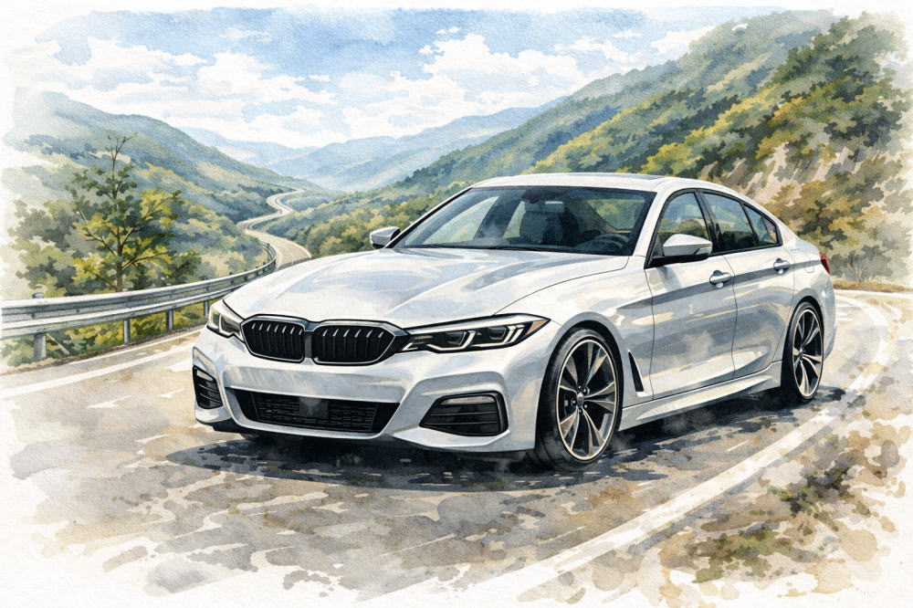 BMW整備士がBMWに乗らないワケを解説する記事用イメージ画像。山道と高級車風イラスト。