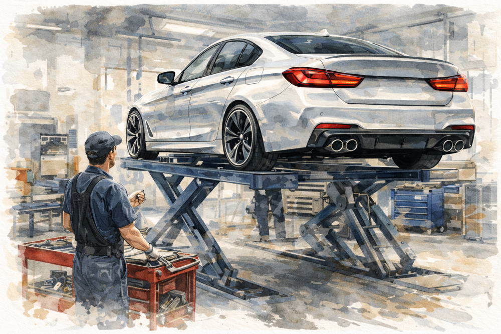 BMW整備士がBMWに乗らないワケを解説する記事用イメージ画像。整備している様子の高級車風イラスト。