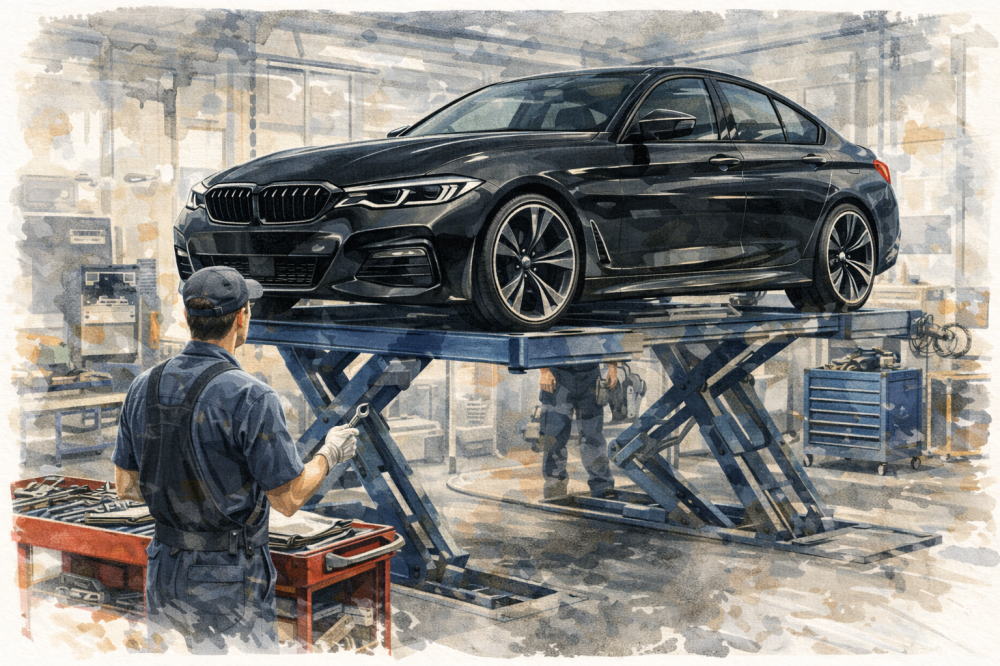 BMW整備士がBMWに乗らないワケを解説する記事用イメージ画像。整備している様子の黒い高級車風イラスト。