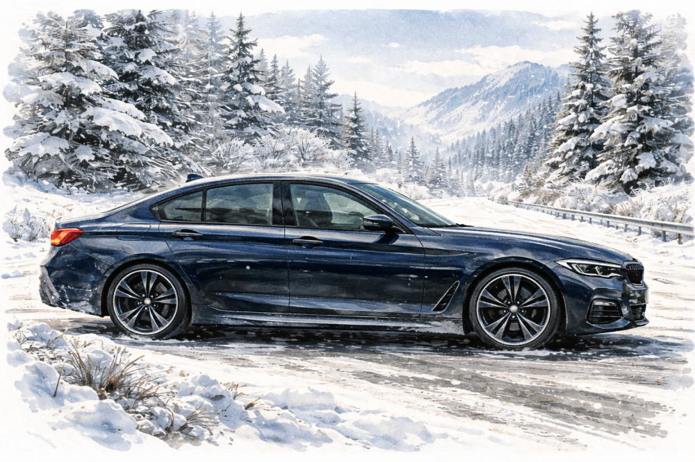 BMW3シリーズは本当に「貧乏」を解説する記事用イメージ画像。雪景色と高級車風イラスト。