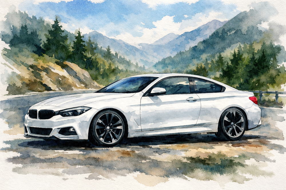 BMW中古が安い理由を解説する記事用イメージ画像。静かな山道と高級車風イラスト。