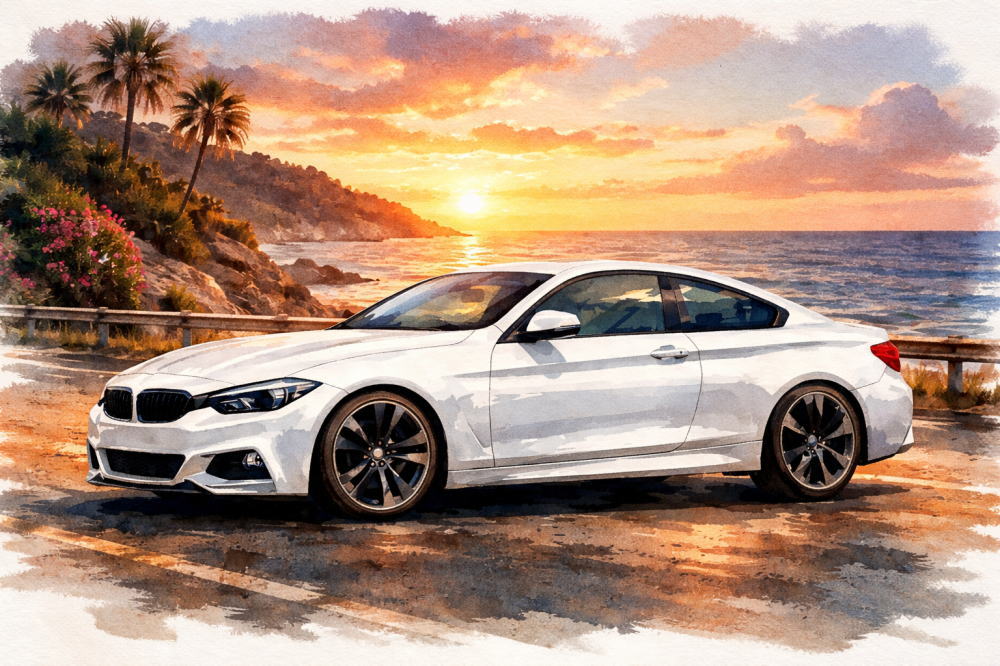 BMW中古が安い理由を解説する記事用イメージ画像。夕焼けの海沿いと高級車風イラスト。