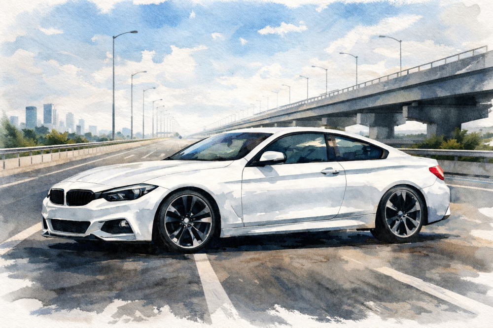 BMW中古が安い理由を解説する記事用イメージ画像。高速道路と高級車風イラスト。