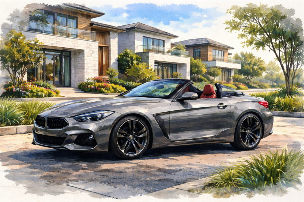 BMW Z4が安い理由を解説する記事用イメージ画像。住宅展示場と高級車風イラスト。