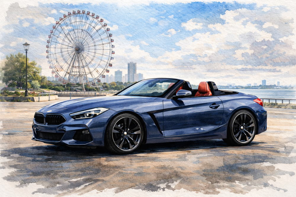 BMW Z4が安い理由を解説する記事用イメージ画像。観覧車の見える風景と高級車風イラスト。