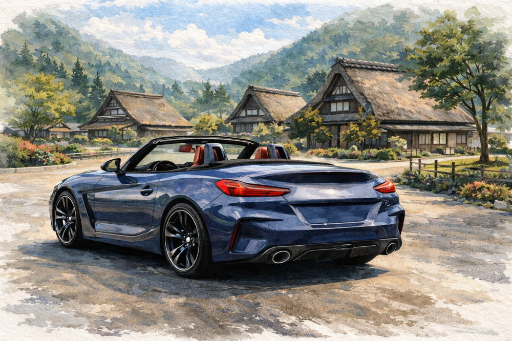 BMW Z4が安い理由を解説する記事用イメージ画像。古民家の見える風景と高級車風イラスト。