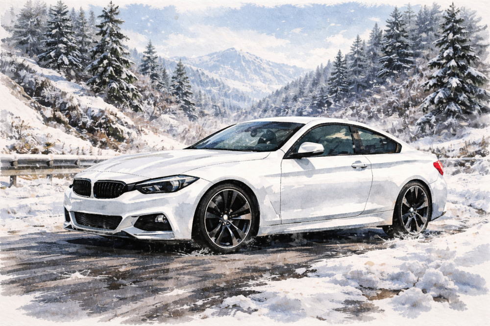 BMWの中古はやめたほうがいいを解説する記事用イメージ画像。雪景色と高級車風イラスト。