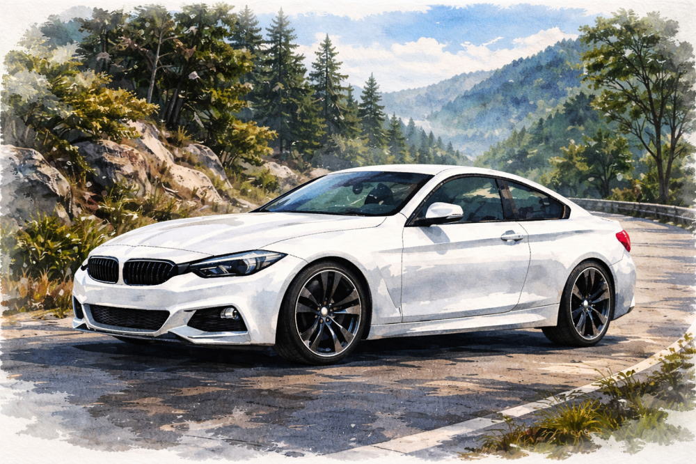 BMWの中古はやめたほうがいいを解説する記事用イメージ画像。静かな山道と高級車風イラスト。