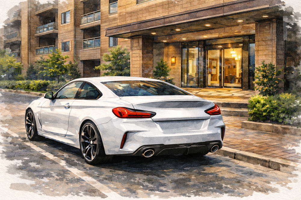BMWの中古はやめたほうがいいを解説する記事用イメージ画像。茶色のマンションの玄関前と高級車風イラスト。