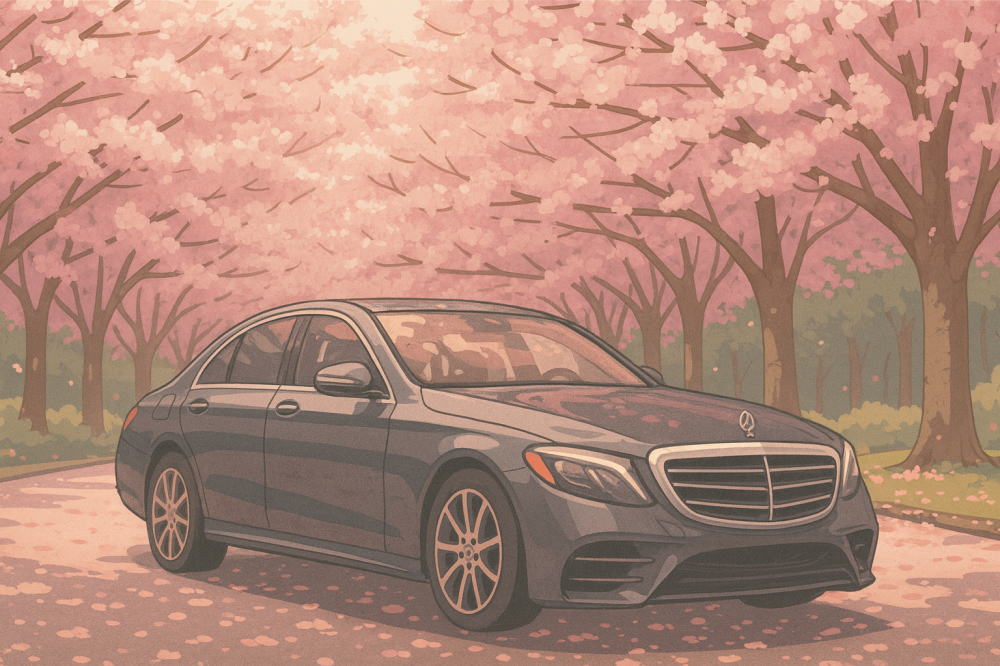 桜の木の下に止まるベンツイメージ