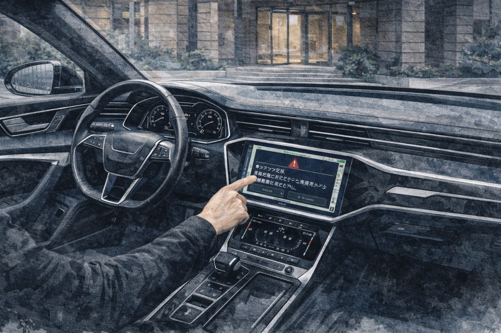 「アウディのナビが使いづらい理由」を解説する記事用イメージ画像。高級車の運転席まわりのイラスト。