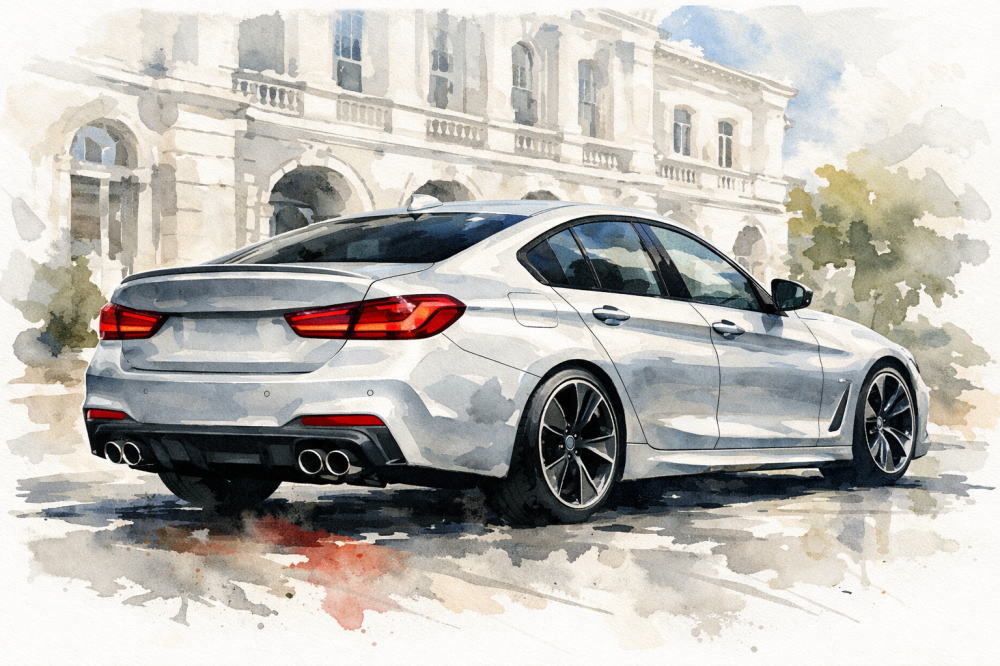 BMWのディーゼル車って維持費を解説する記事用イメージ画像。白い西洋風な建物と高級車風イラスト。