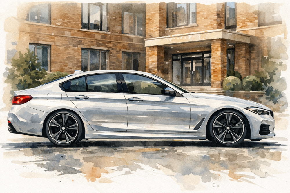 BMWのディーゼル車って維持費を解説する記事用イメージ画像。茶色いマンションの玄関前と高級車風イラスト。