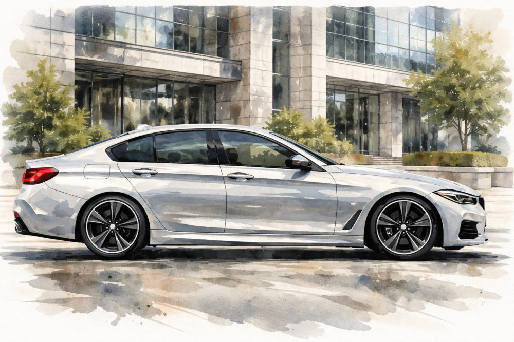 BMWのディーゼル車って維持費を解説する記事用イメージ画像。オフィスビルの前と高級車風イラスト。