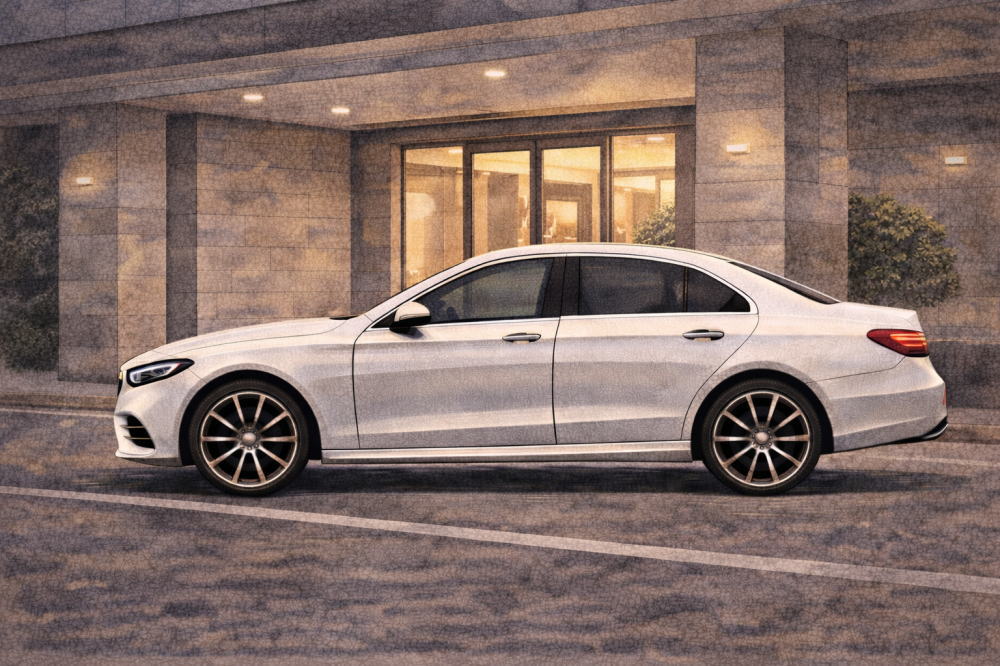 ベンツCLAは「貧乏人の車」じゃないを解説する記事用イメージ画像。マンションの玄関前と高級車風イラスト