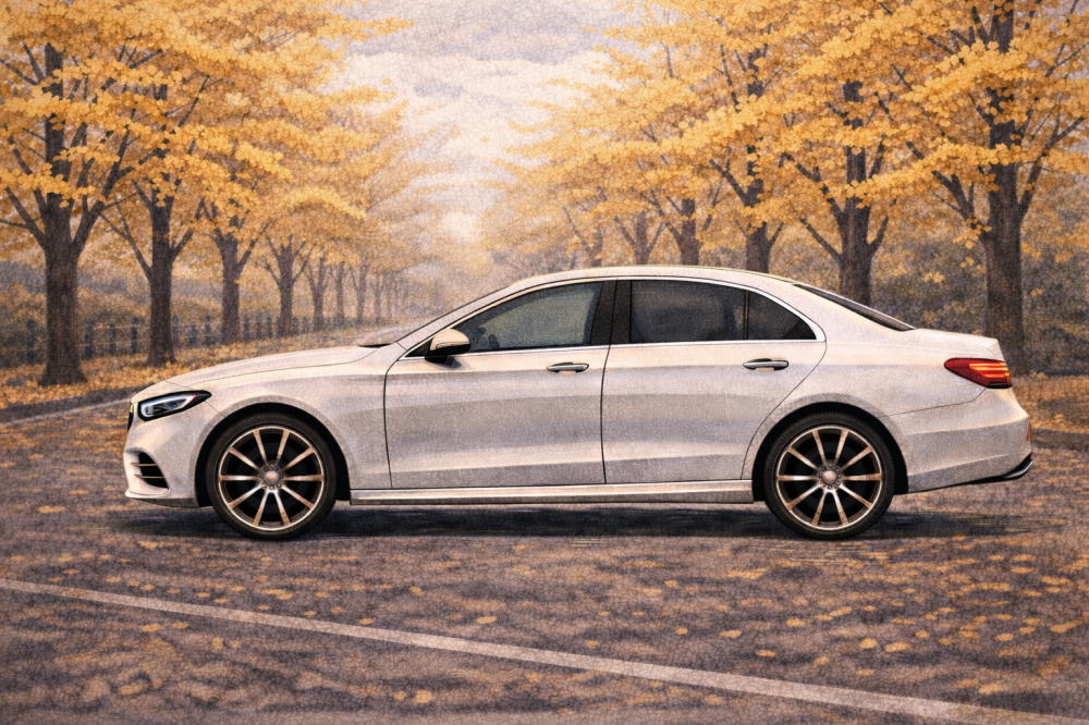 ベンツCLAは「貧乏人の車」じゃないを解説する記事用イメージ画像。銀杏並木と白の高級車風イラスト。