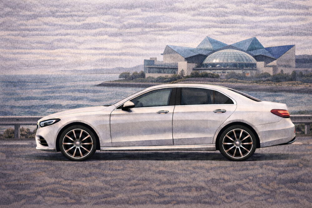 ベンツCLAは「貧乏人の車」じゃないを解説する記事用イメージ画像。水族館の見える風景と高級車風イラスト。