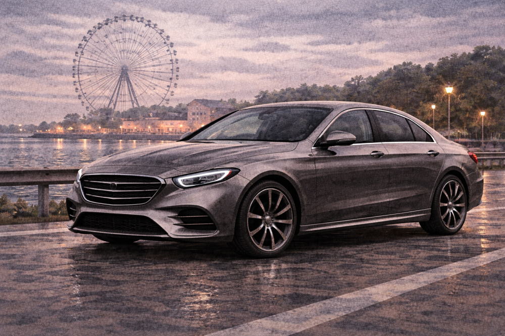 ベンツCLAで後悔を解説する記事用イメージ画像。観覧車の見える風景と高級車風イラスト。