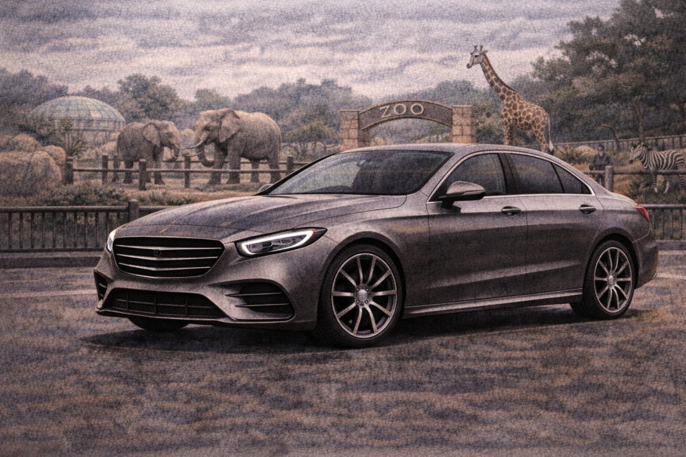 ベンツCLAで後悔を解説する記事用イメージ画像。動物園の見える風景と高級車風イラスト。