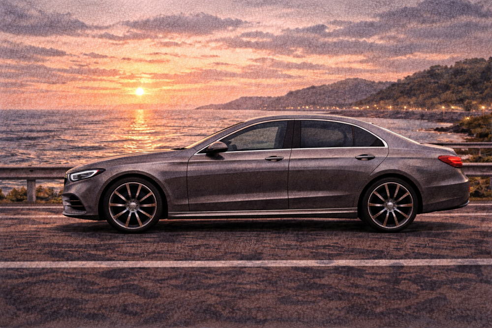 ベンツCLAで後悔を解説する記事用イメージ画像。夕暮れの海沿い道路と高級車風イラスト。