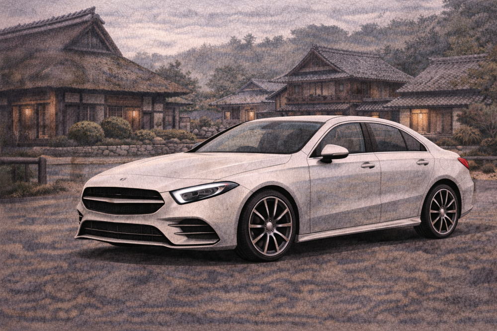 ベンツAクラスは壊れやすいを解説する記事用イメージ画像。古民家の見える風景と高級車風イラスト。