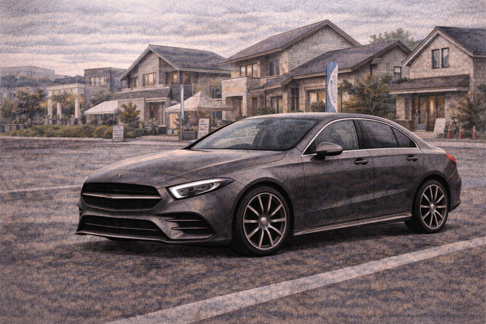 ベンツAクラスは壊れやすいを解説する記事用イメージ画像。住宅展示場の見える風景と高級車風イラスト。