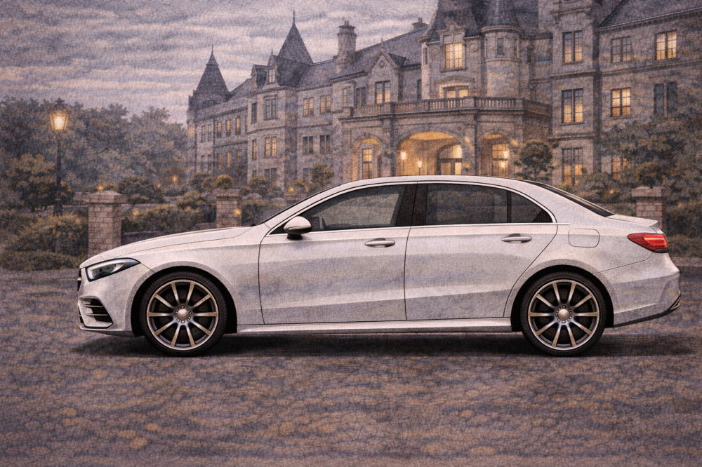 ベンツAクラスは壊れやすいを解説する記事用イメージ画像。西洋風な建物と高級車風イラスト。