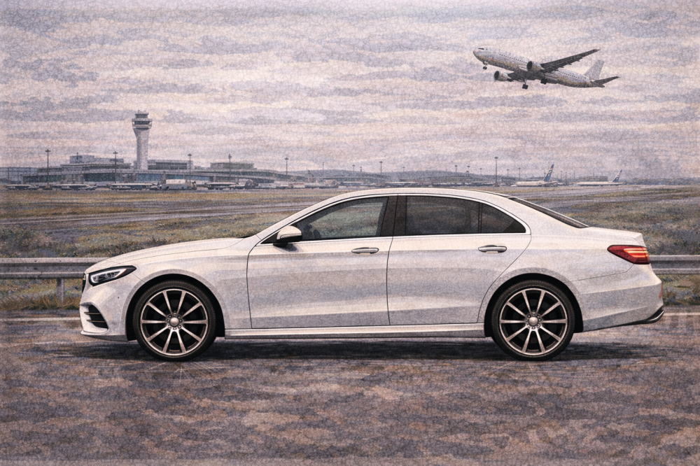 【ベンツCLAに乗ってる人】どんな人を解説する記事用イメージ画像。空港が見える景色と白の高級車風イラスト。