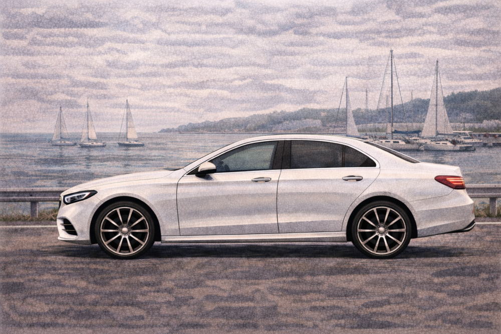 【ベンツCLAに乗ってる人】どんな人を解説する記事用イメージ画像。ヨットが見える景色と高級車風イラスト。