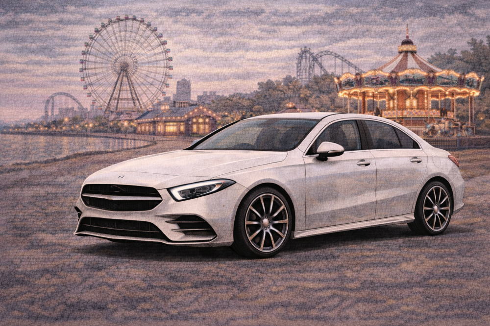 女性が選ぶ「小さめベンツ」を解説する記事用イメージ画像。遊園地の見える風景と高級車風イラスト。